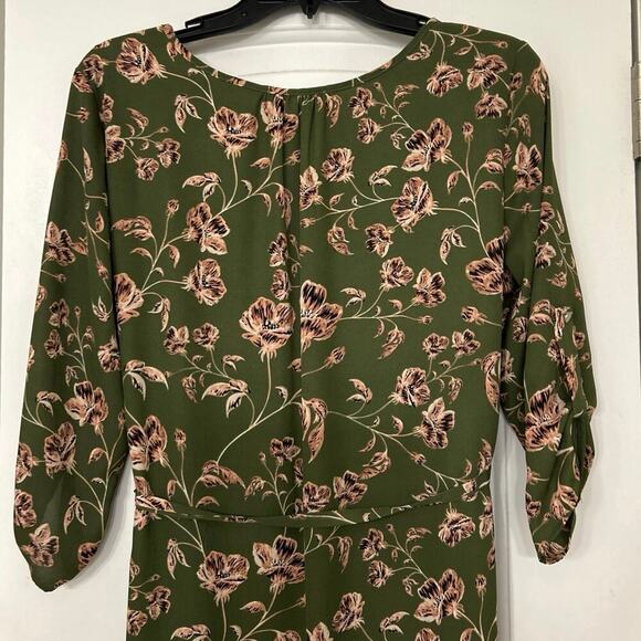 Verse Olive Green & Pink Floral Tie Wait 3/4 Sleeve V Neck Made in USA Med - Picture 7 of 10